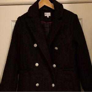 Milly Black/ Faux Wool Double-breast  Coat with Diamond inspired buttons